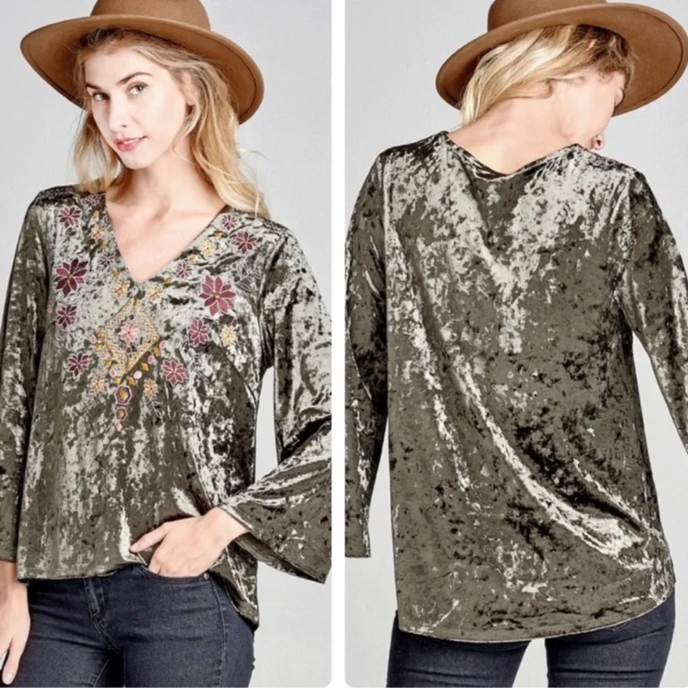 NWT BOHO green vintage crushed velvet embroidered top small medium large new